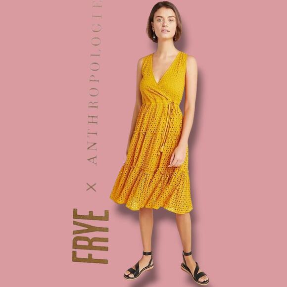 Frye x Anthropology women's mustard yellow eyelet sleeveless midi dress small - Picture 9 of 9